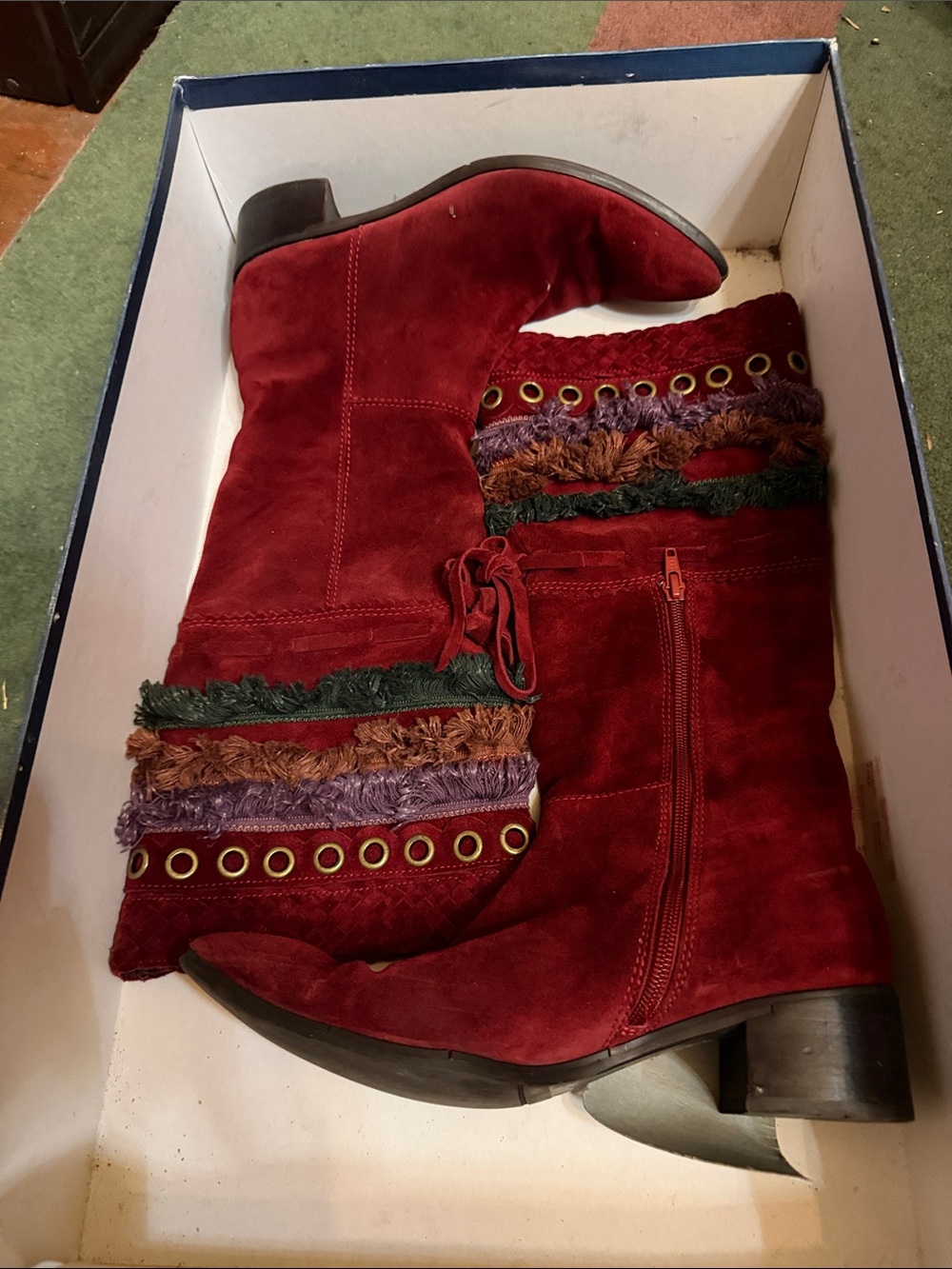 Apepazza Burgundy Suede Fringe Grommet Mid-Calf Boots